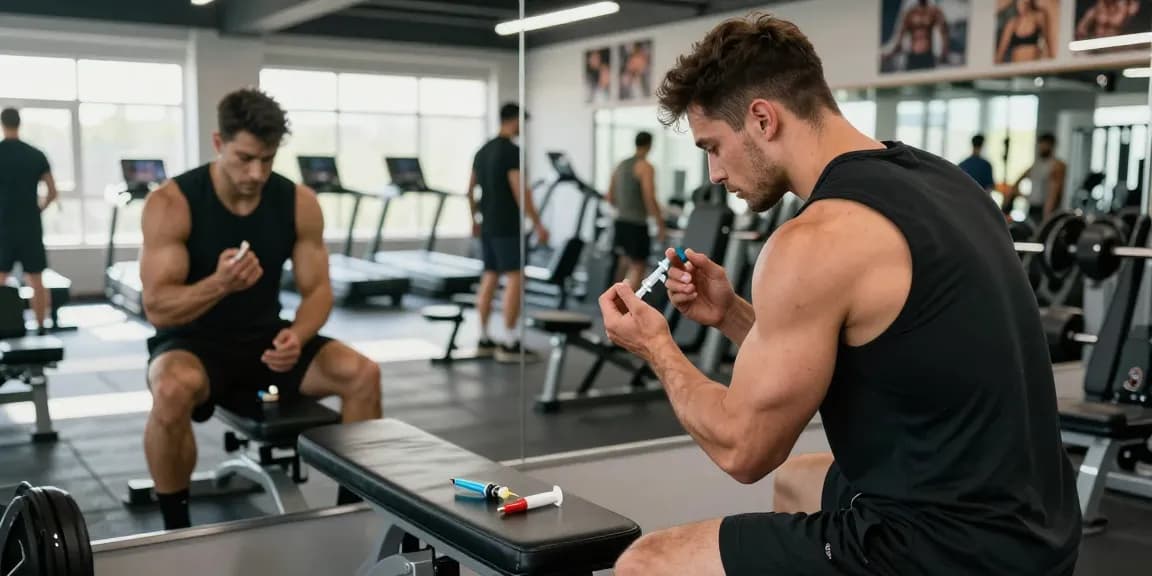 Ein seriöser Anabolika Shop zeigt Bodybuilder beim Spritzen von Steroiden in einem modernen Fitnessstudio.