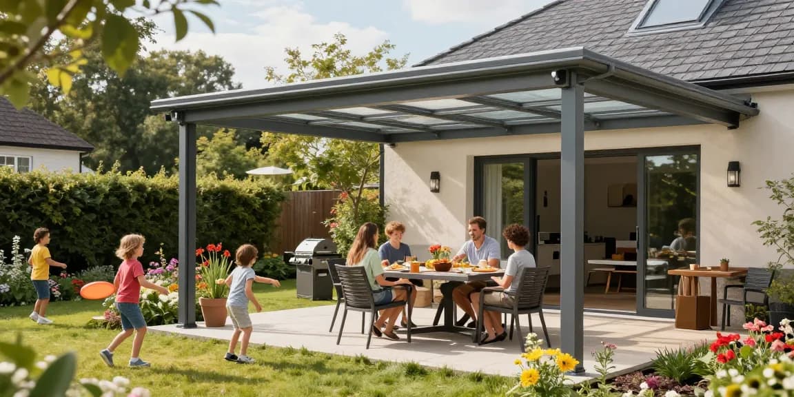Moderne Terrassenüberdachung im Garten mit Familie und Spielzeug.