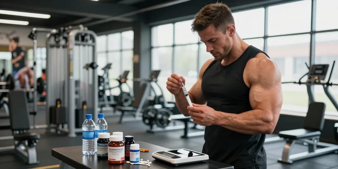 Anabolika Shop: Bodybuilder bereitet sich auf die Steroidinjektion vor, um Muskelwachstum zu fördern.