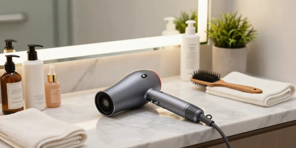 Eleganter Haartrockner auf einem Marmorwaschtisch mit Haarpflegeprodukten.