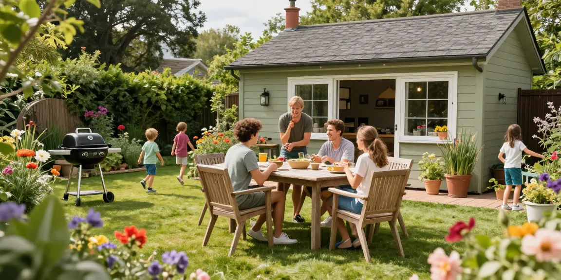 Wunderschönes Gartenhaus umgeben von Blumen, Freunde genießen die Zeit.