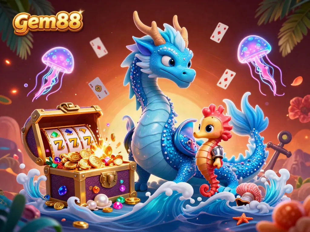 Experience thrilling gameplay at gem88 with a majestic water dragon, seahorse knight, and treasures.