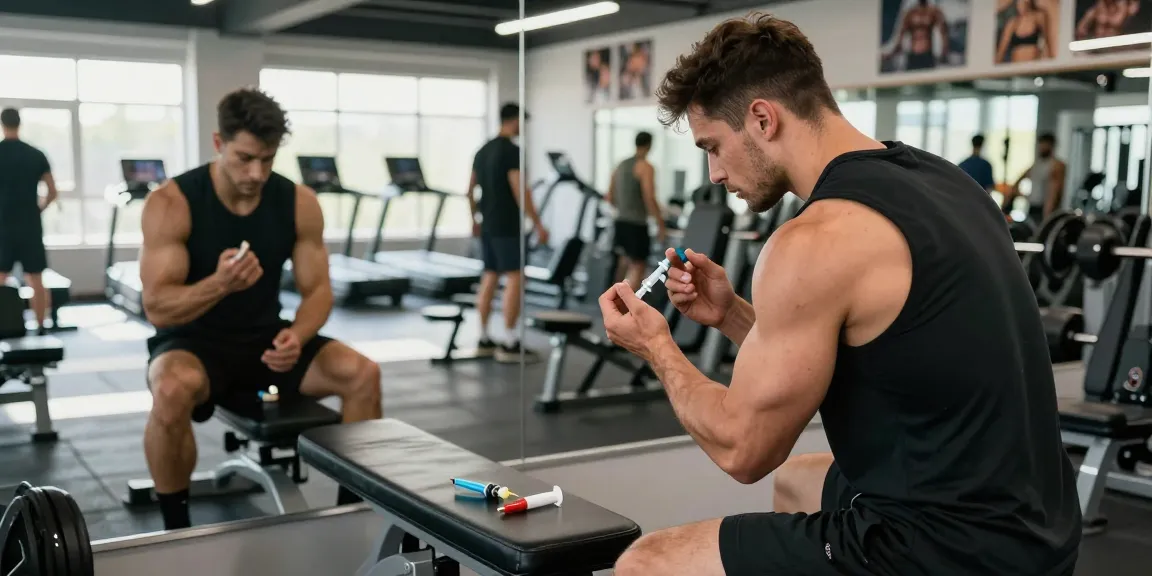 Ein seriöser Anabolika Shop zeigt Bodybuilder beim Spritzen von Steroiden in einem modernen Fitnessstudio.