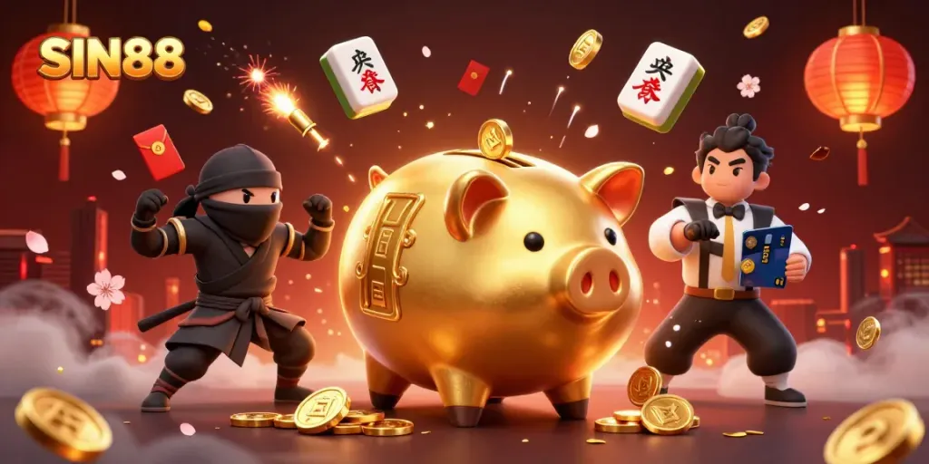SIN88 brings excitement to sports betting with a cartoon piggy bank wrestler and ninja duel.