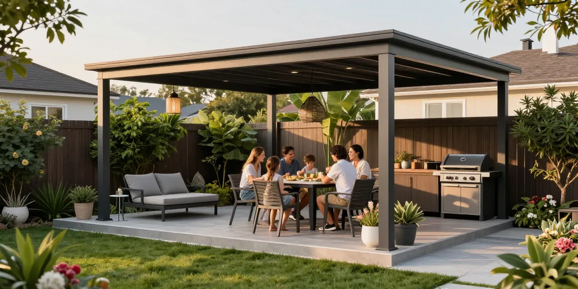 Moderne Terrassenüberdachungen in einem eleganten Garten mit Familie beim Essen.