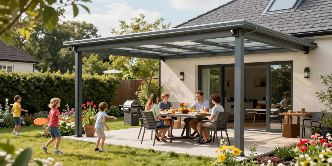 Moderne Terrassenüberdachung im Garten mit Familie und Spielzeug.