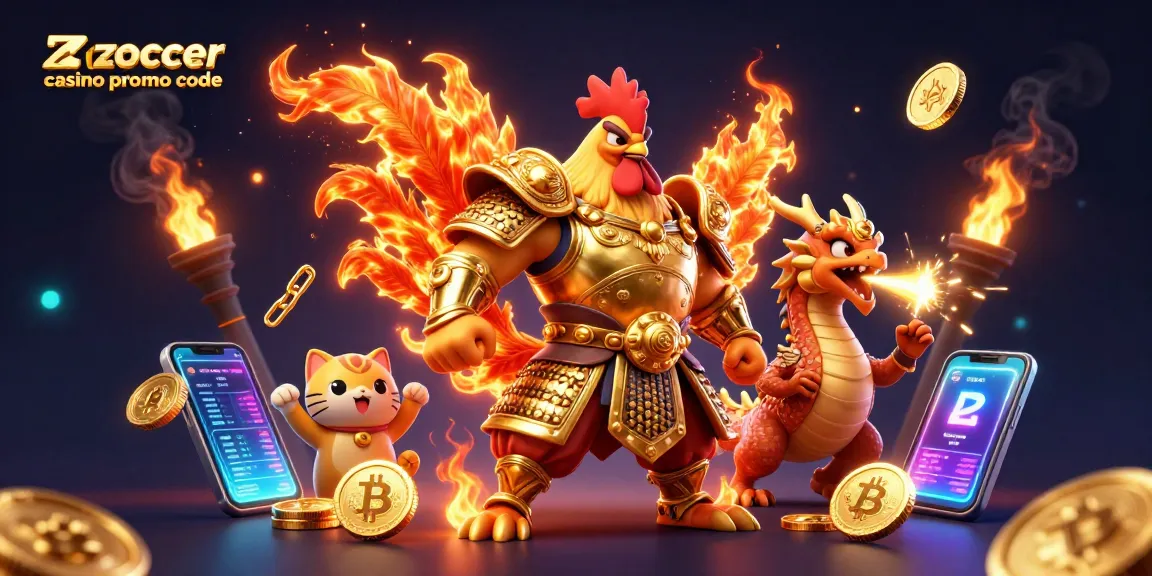 Zoccer casino promo code illustrated in a vibrant 3D scene with a rooster warrior and a dragon hatchling.