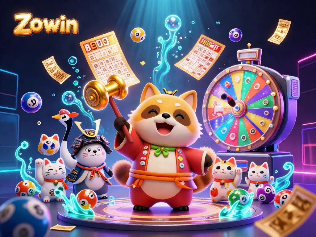 Play exciting games at Zo win with colorful lottery balls and cheerful characters celebrating