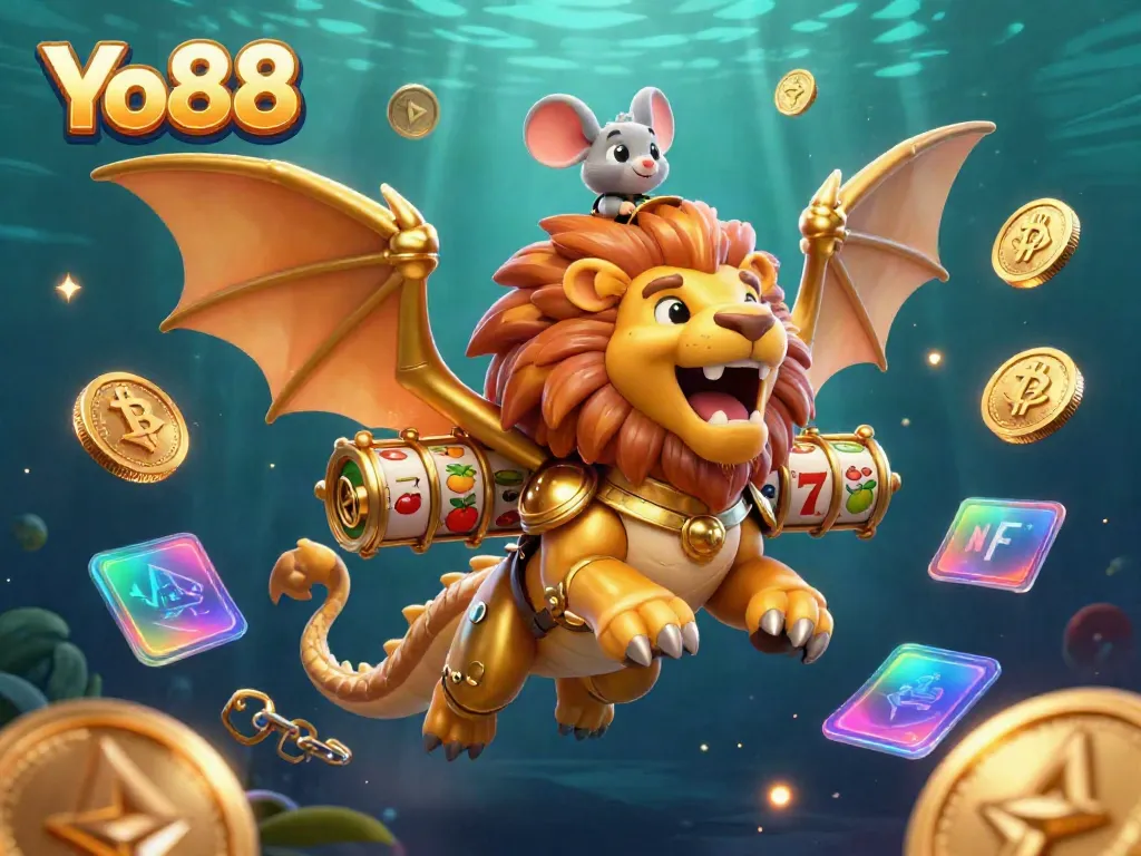 Spin the reels at Yo88 with a brave chimera championing the adventure in a colorful gaming environment.
