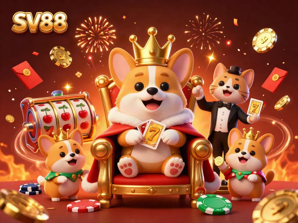 Engage with SV88's lively casino scene featuring a royal corgi on a poker chip throne.