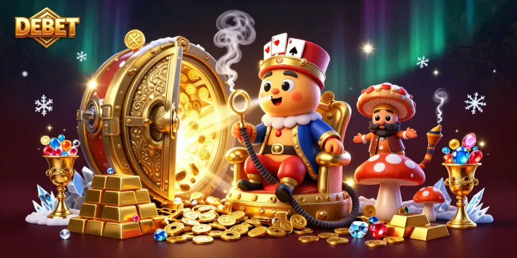 Engage with DEBET's vibrant casino world, where a caterpillar hookah-master reigns supreme amidst treasures.