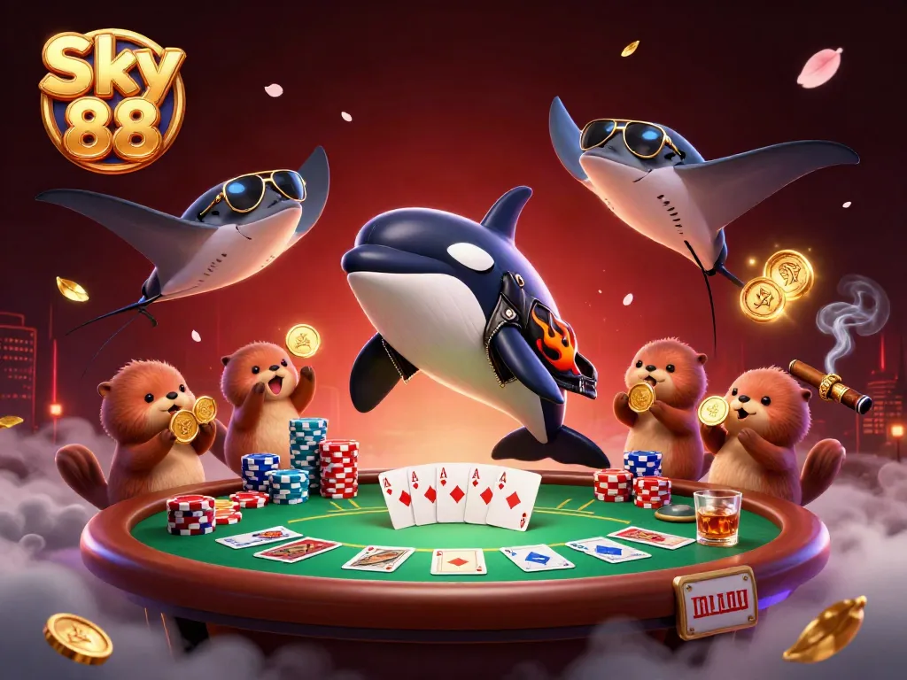 Sky 88 showcases animated casino fun with a jumping orca, stingray, and sea otters holding coins.