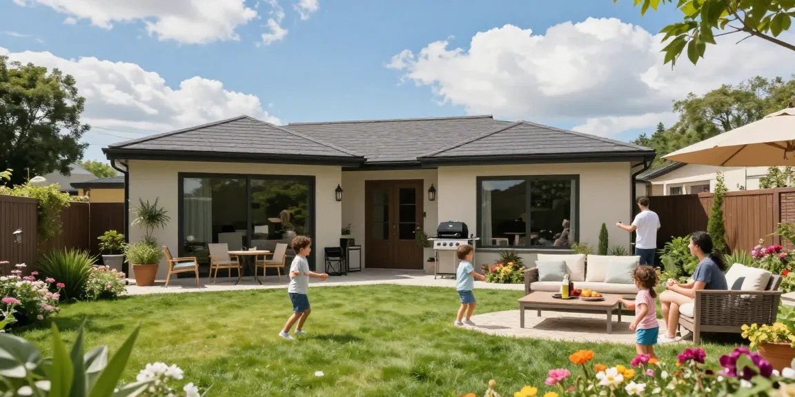 Freistehende Terrassenüberdachung im modernen Garten mit spielenden Kindern und Grillparty.