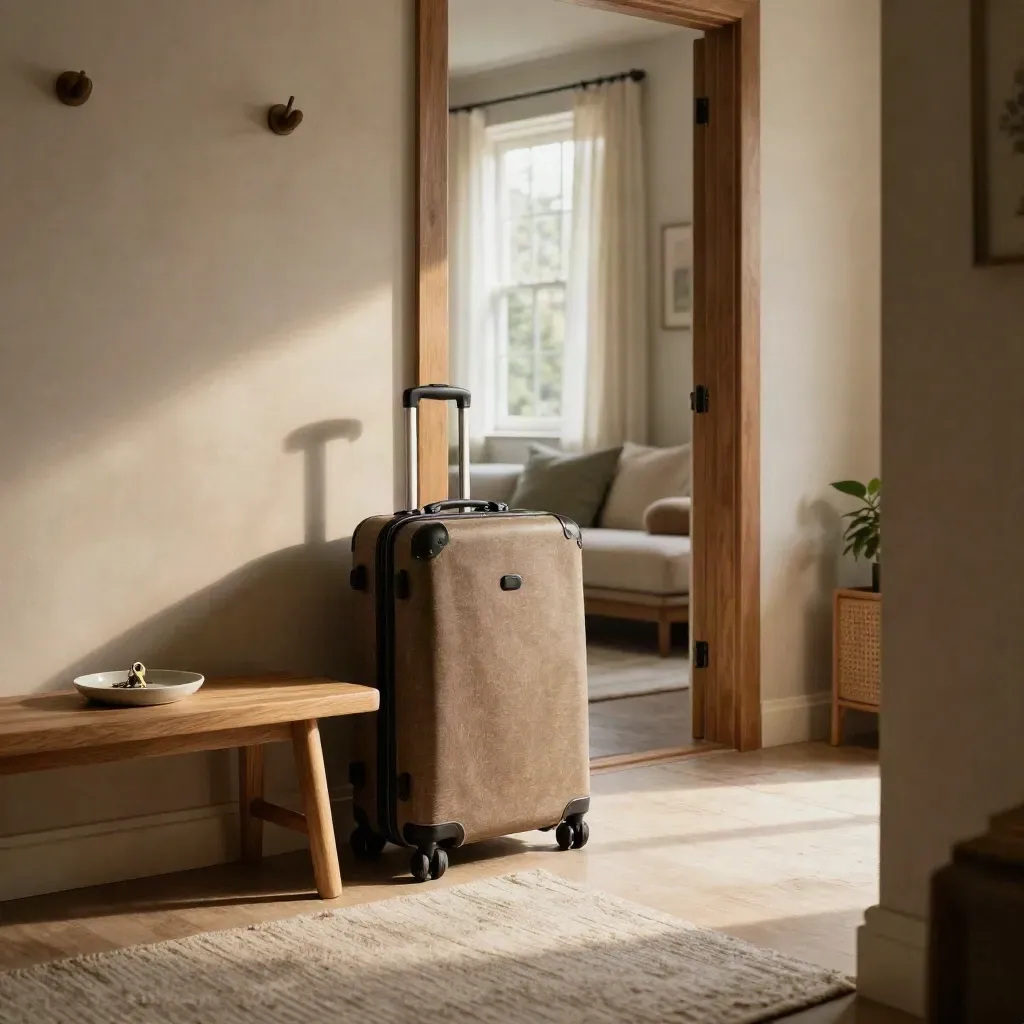 Heller Eingangsbereich mit Koffer, Schlüsselablage und Blick ins Wohnzimmer.