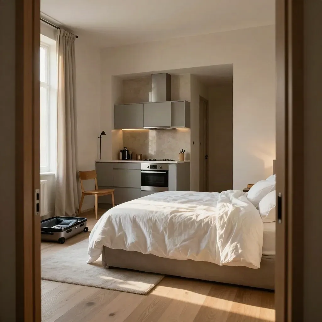 Bezugsfertiges Apartment mit gemachtem Bett, Küchenzeile und offenem Koffer im Morgenlicht.