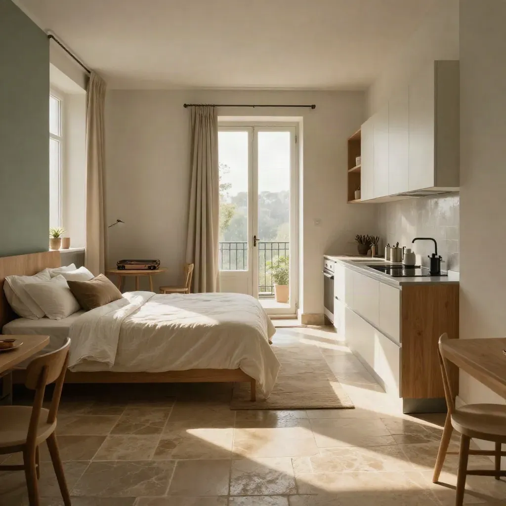 Möblierte Zwei-Zimmer-Wohnung mit Bett, Küche, Koffer und Balkonlicht nach Sommerregen