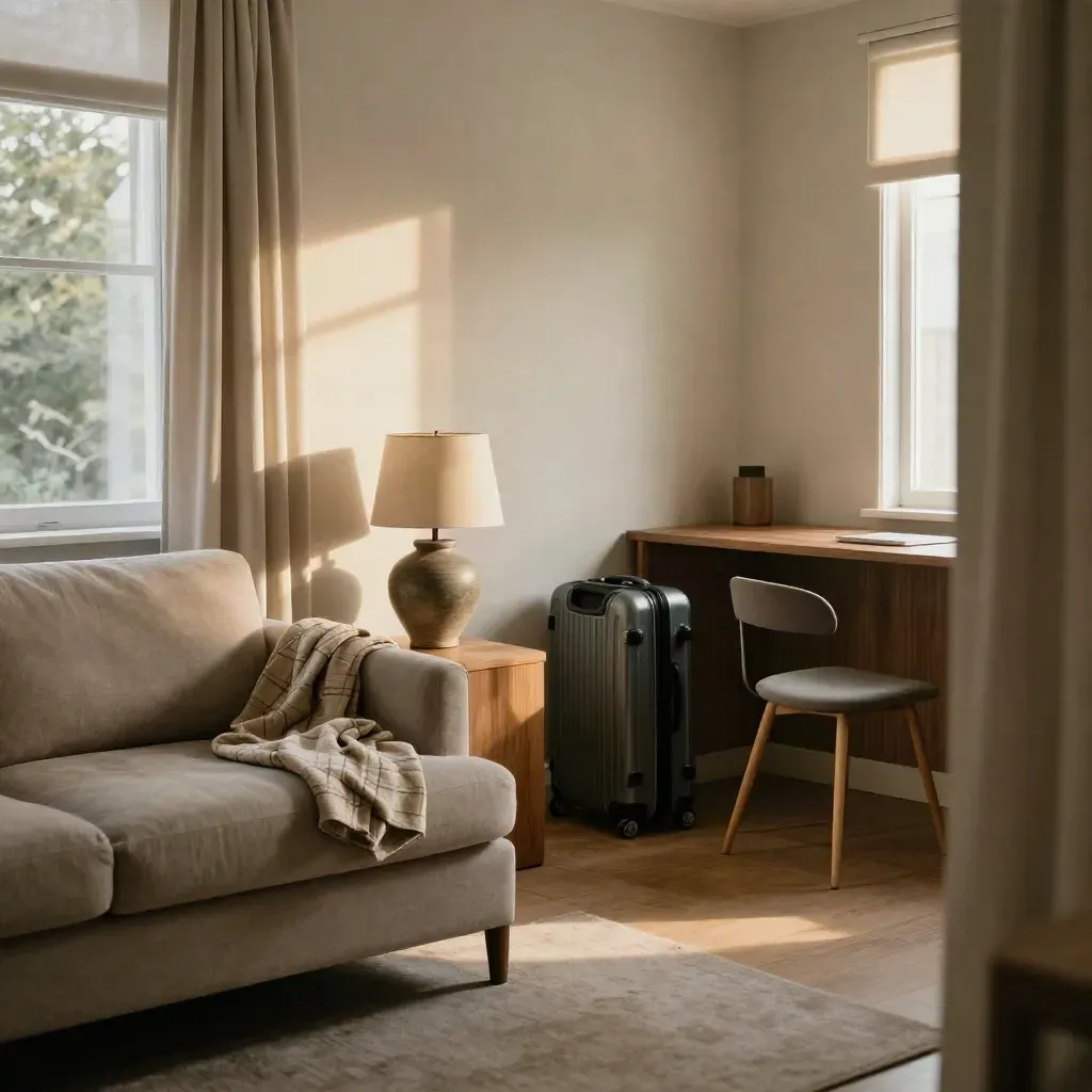 Gemütliche Kurzzeitmiet-Wohnung mit Schlafsofa, Koffer und Arbeitsnische im Abendlicht.