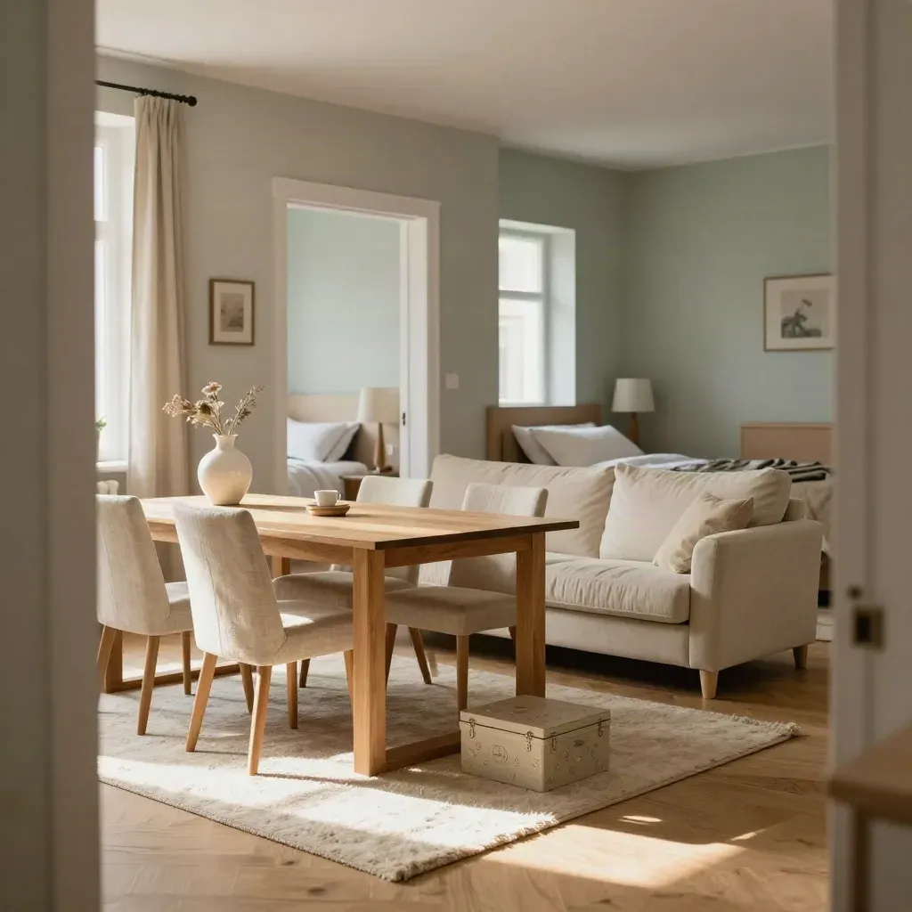 Möblierte Familienwohnung mit Essplatz, Sofa, zwei Schlafzimmern und geschlossener Spielkiste.