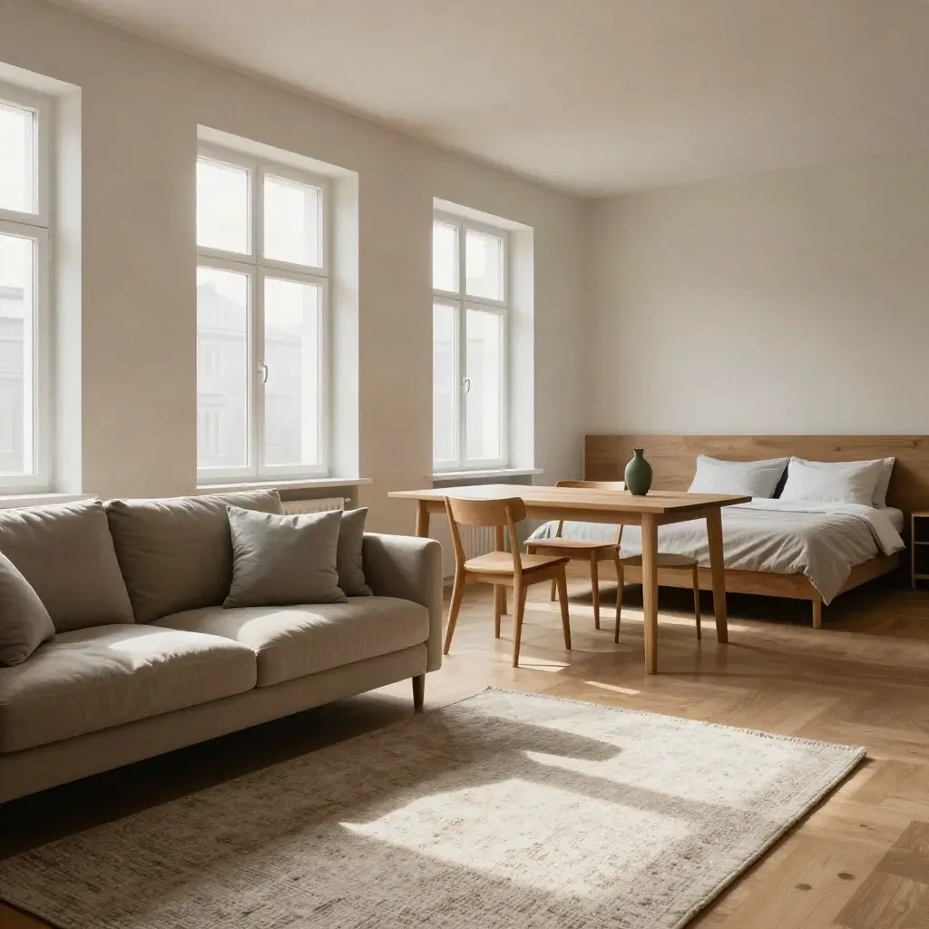 Helle möblierte Stuttgart-Wohnung mit Sofa, Esstisch, Bett und grüner Vase