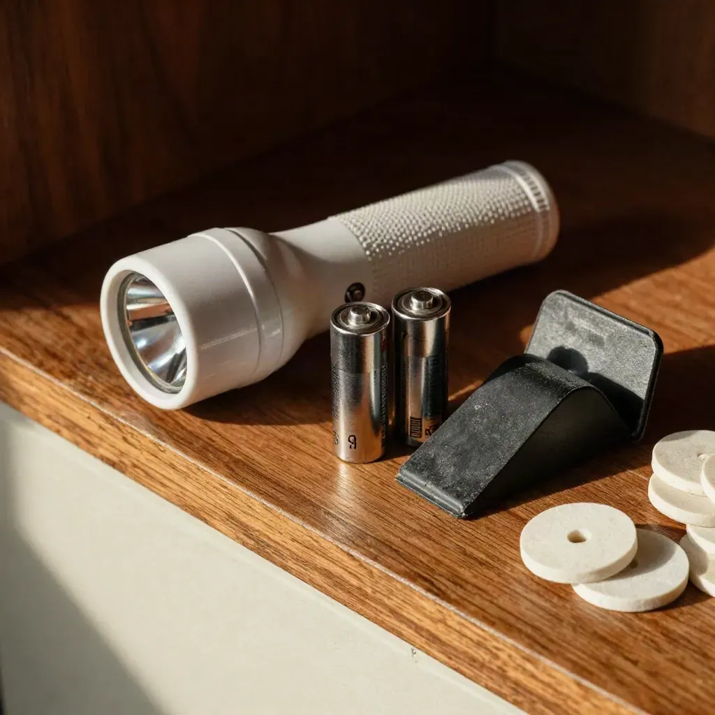 Taschenlampe, Batterien, Türstopper und Gummipuffer auf warmer Holzfläche im Seitenlicht.