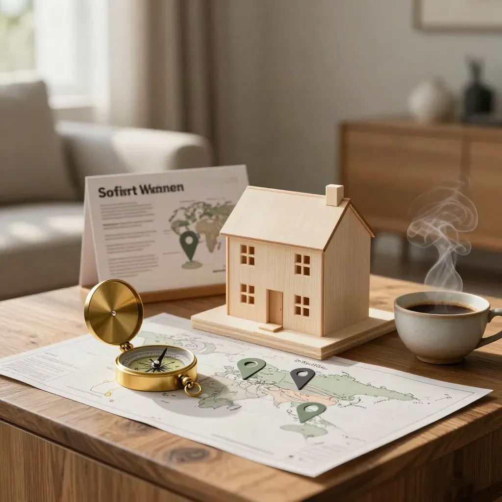 Kompass, Modellhaus und dampfender Bürokaffee auf hellem Holz im Wohnungsplanungs-Setting