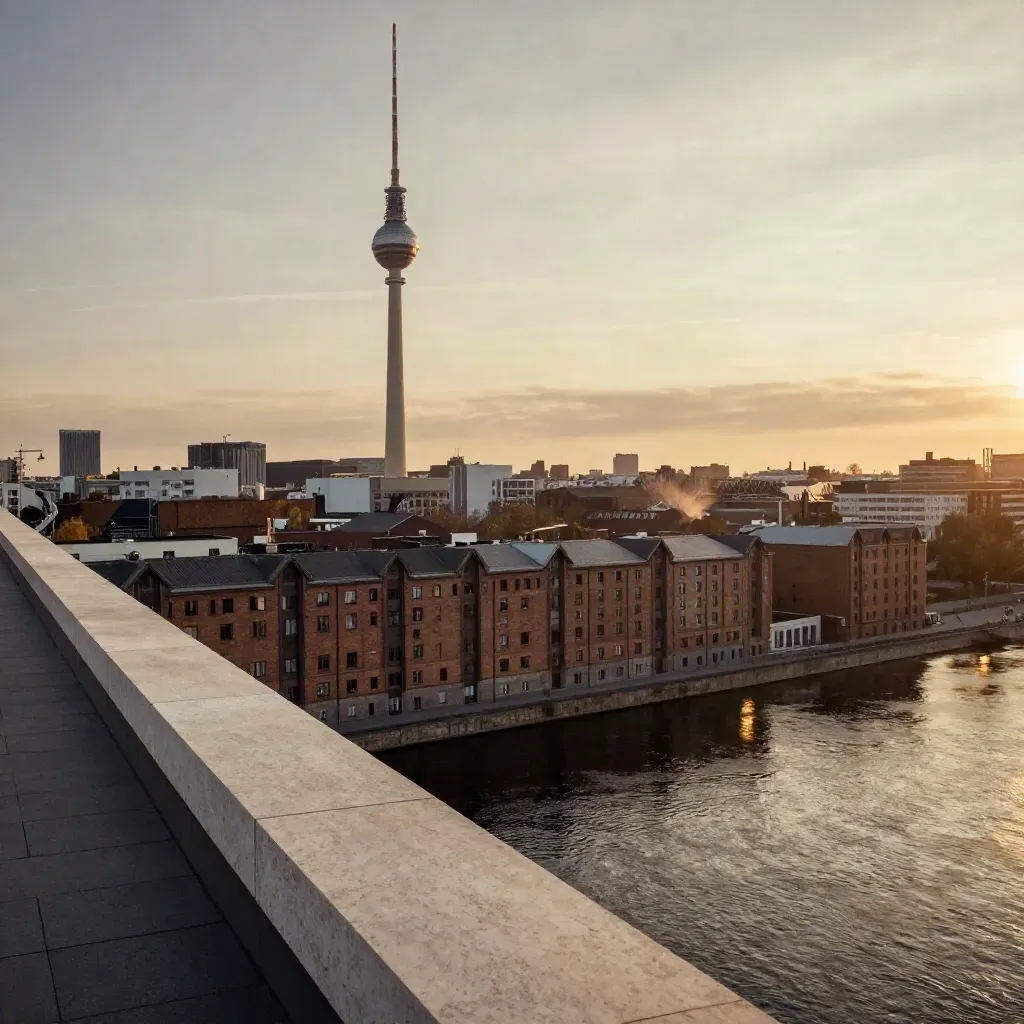 Berlin mit Fernsehturm über der Spree im warmen Abenddunst