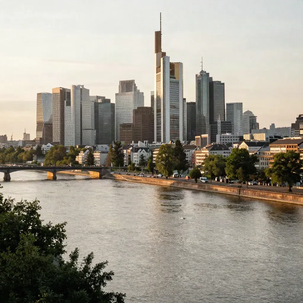 Frankfurter Skyline über dem Main im warmen Abenddunst