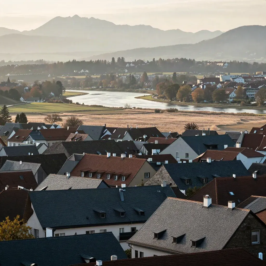Münchner Abendlandschaft mit Isar, Dächerhorizont und Alpenhauch im warmen Licht
