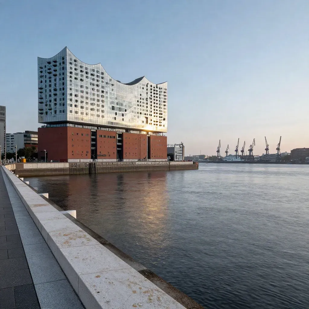 Hamburg mit Elbphilharmonie, Kränen und ruhigem Wasser im warmen Abendlicht