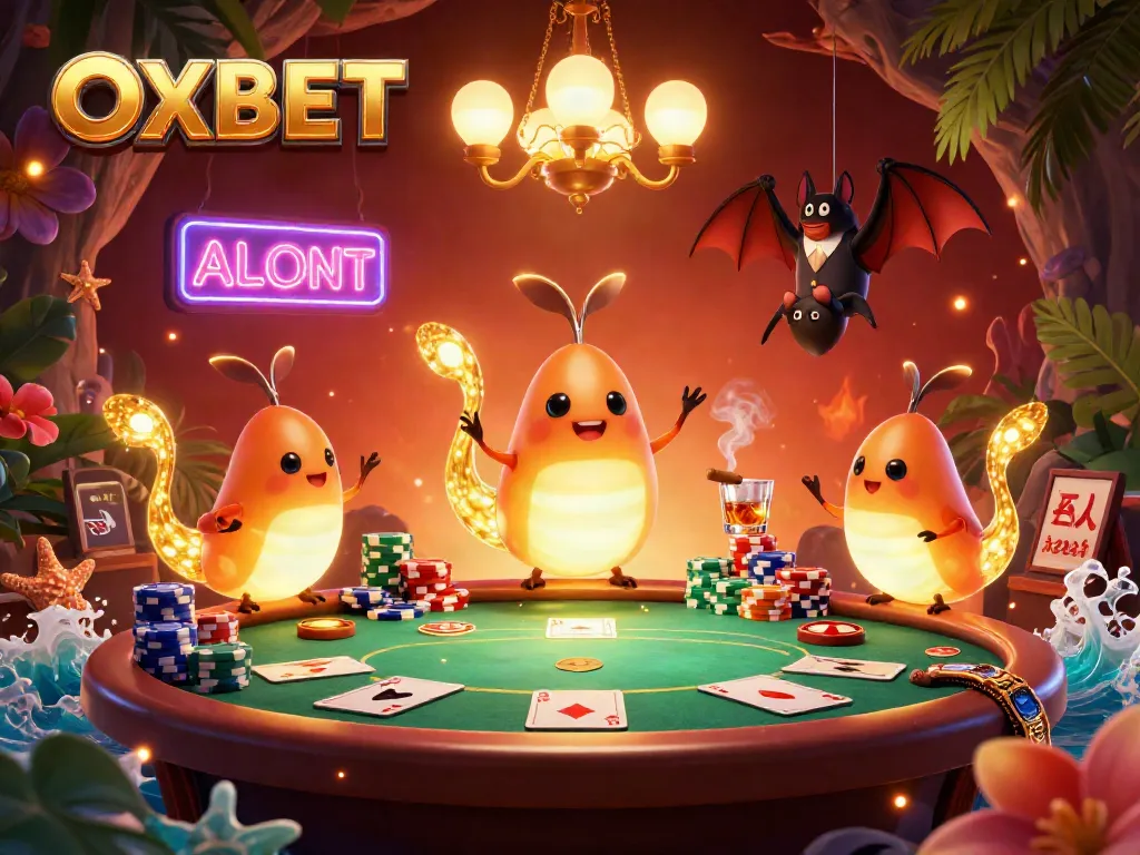 Experience the exciting OXBET cave casino atmosphere with glowworms lighting the scene and vibrant poker elements.