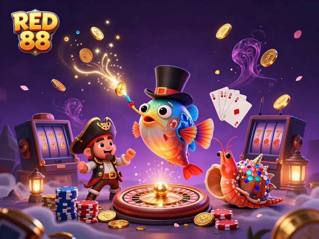 Experience the exciting world of RED 88 with mesmerizing characters and vibrant casino elements.