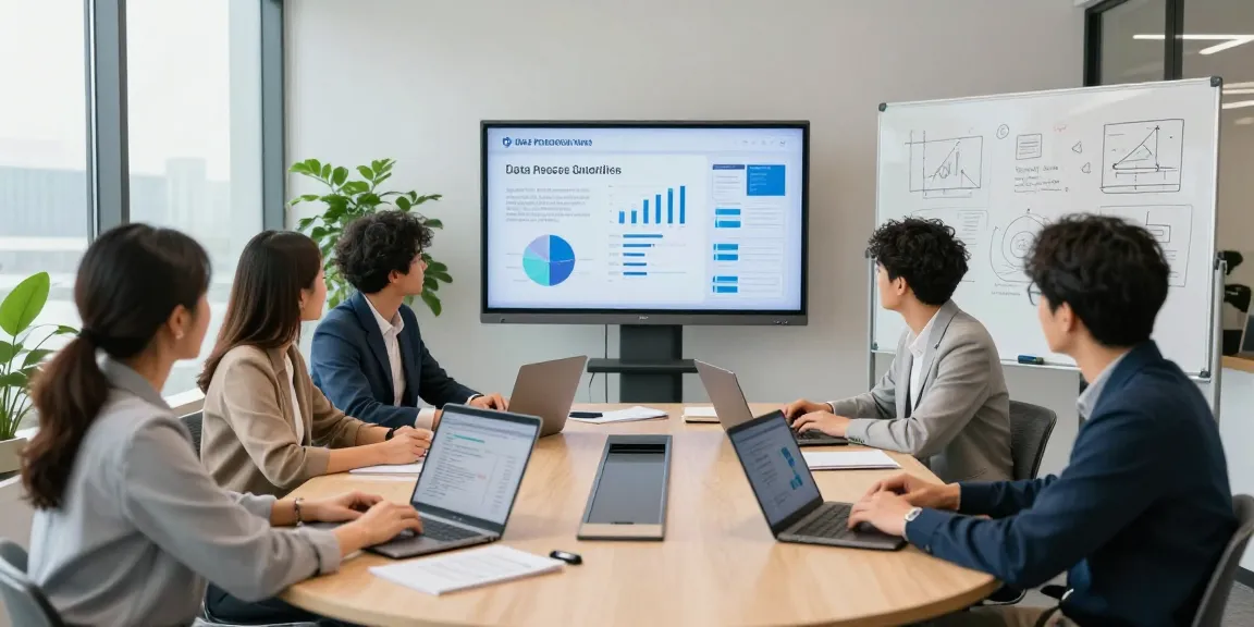 Branchenlösungen – Übersicht showcasing a diverse consulting team collaborating on digital accessibility and data protection strategies in a modern office environment.