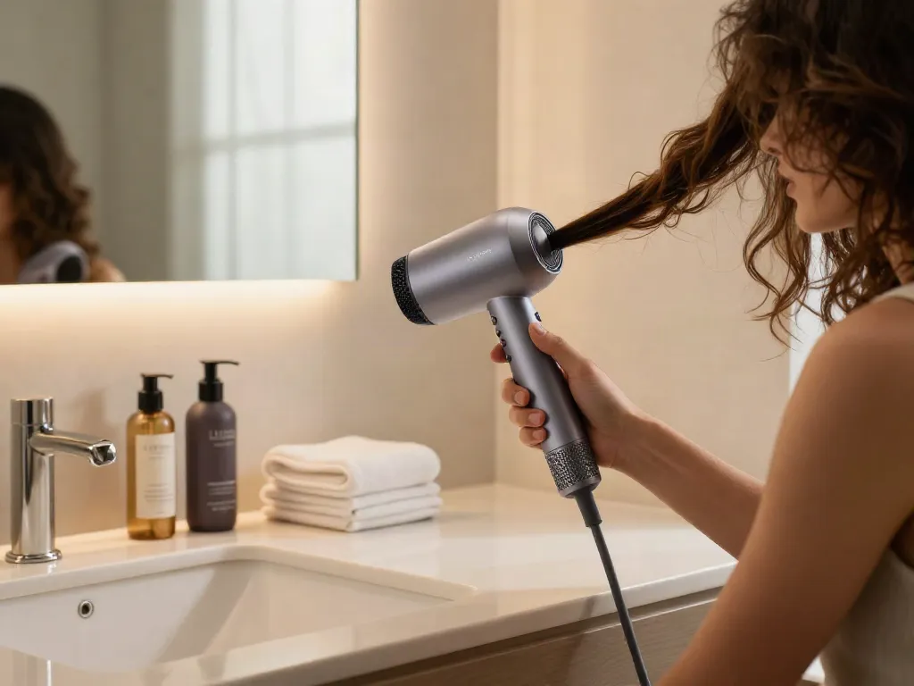 Erleben Sie den Laifen Air Pro Haartrockner mit intelligenter Temperaturregelung in einem modernen Badezimmer mit stilvollen Pflegeprodukten.