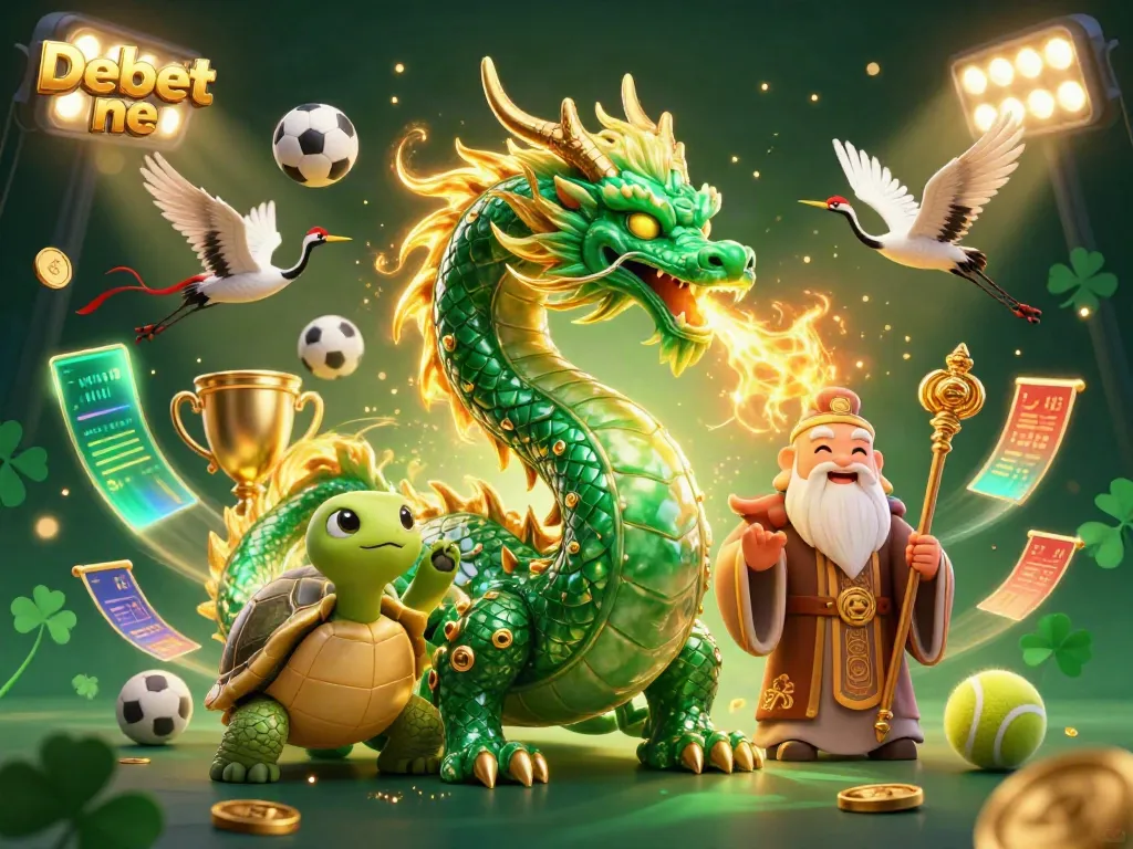 Engage in thrilling gambling battles with Debet net in a vibrant 3D fantasy scene featuring lucky symbols.