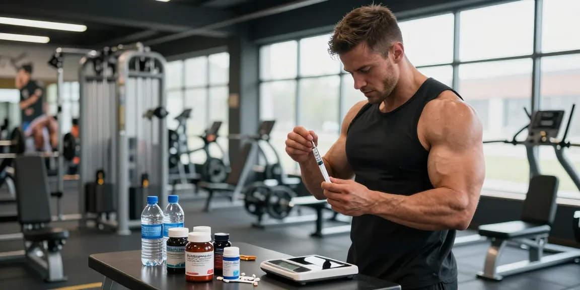 Anabolika Shop: Bodybuilder bereitet sich auf die Steroidinjektion vor, um Muskelwachstum zu fördern.