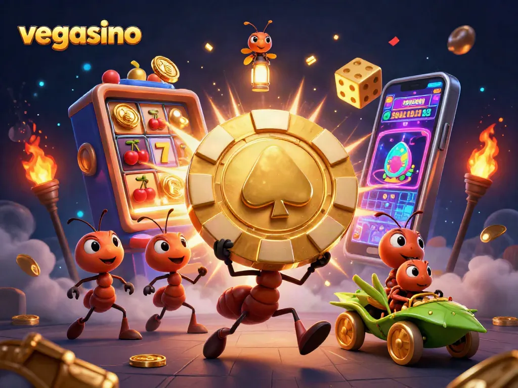 Engage in thrilling play at Vegasino with cartoon ants in a heist scene surrounded by slots.