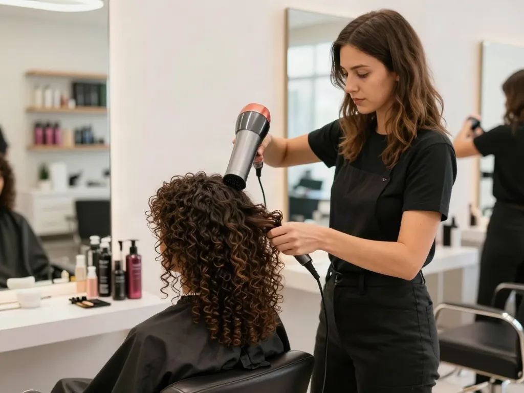 Professioneller Einsatz eines ionenhaartrockners in einem modernen Friseursalon.