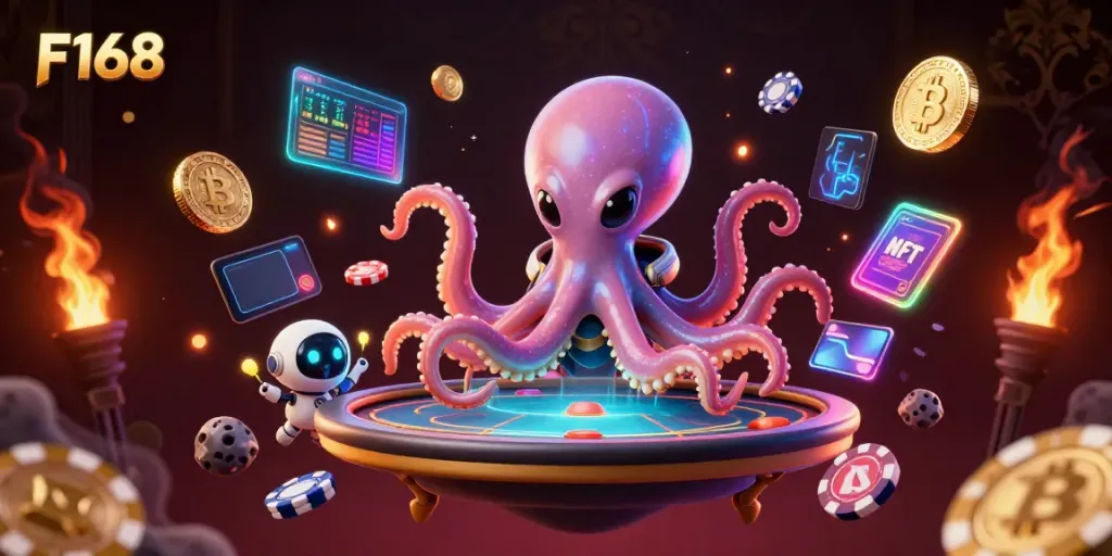 Experience F168 with an entertaining alien octopus and robot at a futuristic poker table surrounded by glowing cryptocurrency elements.