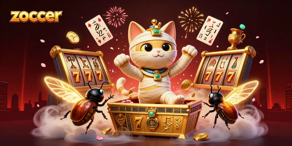 Zoccer transforms into a thrilling casino scene with a mummy cat, vibrant slot reels, and captivating fireworks.
