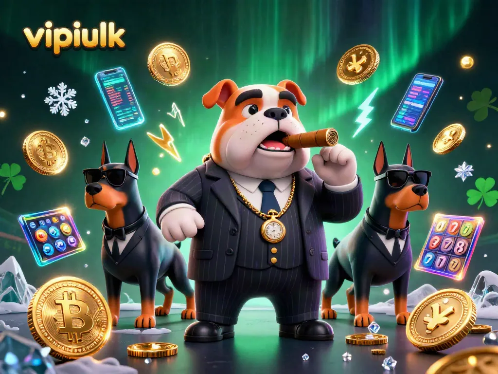 Win big with vipluck casino’s vibrant illustration showcasing a mafia boss bulldog with crypto coins.