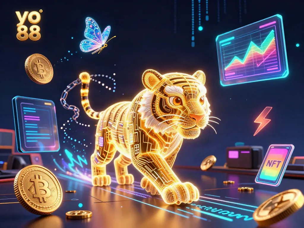Experience the thrilling online casino world at yo 88 with a neon tiger and digital currency elements.