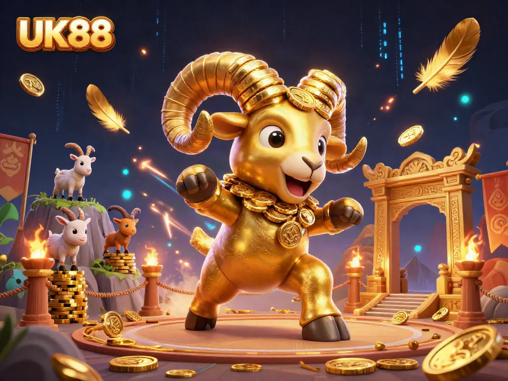 Engage with UK88's immersive casino adventure featuring a golden ram among vibrant gaming elements.