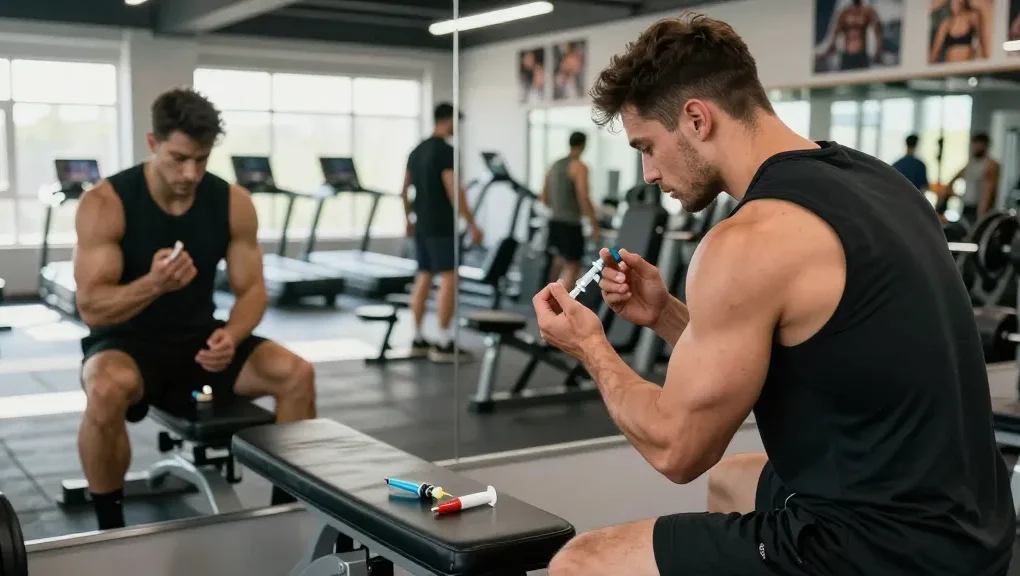 Ein seriöser Anabolika Shop zeigt Bodybuilder beim Spritzen von Steroiden in einem modernen Fitnessstudio.