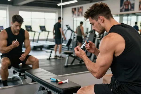 Ein seriöser Anabolika Shop zeigt Bodybuilder beim Spritzen von Steroiden in einem modernen Fitnessstudio.