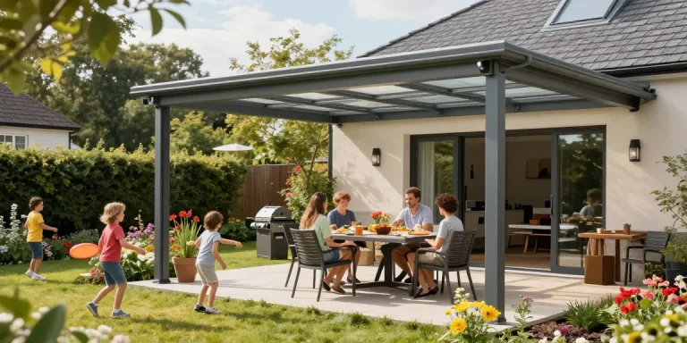 Moderne Terrassenüberdachung im Garten mit Familie und Spielzeug.