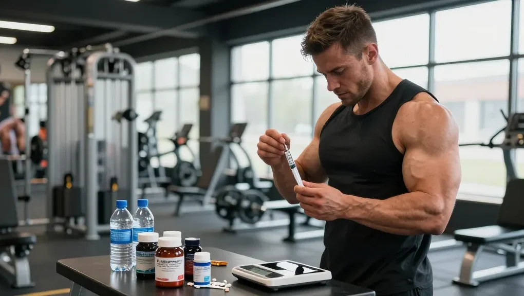 Anabolika Shop: Bodybuilder bereitet sich auf die Steroidinjektion vor, um Muskelwachstum zu fördern.