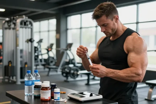 Anabolika Shop: Bodybuilder bereitet sich auf die Steroidinjektion vor, um Muskelwachstum zu fördern.